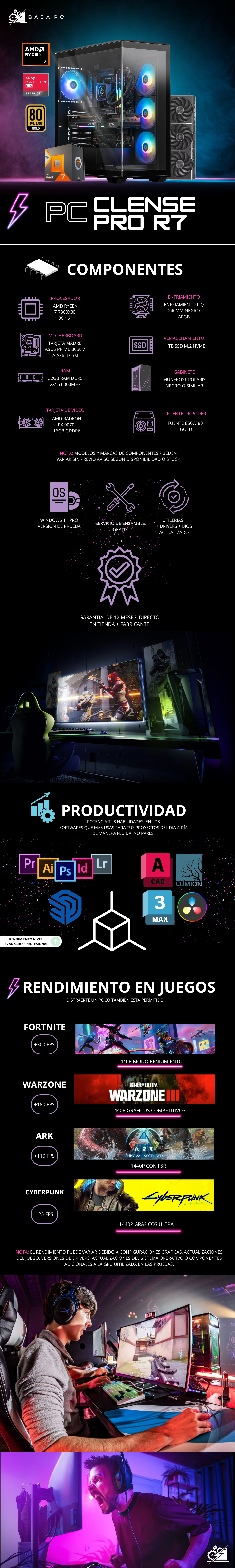 PC CLENSE PRO R7 / AMD RYZEN 7 7800X3D/ RADEON RX 9070 XT 16G / 32GB RAM DDR5 / 1TB SSD NVME / ENFRIAMIENTO LIQ 240MM / FUENTE 850W 80+ GOLD / W11 PRO / PROMOCION