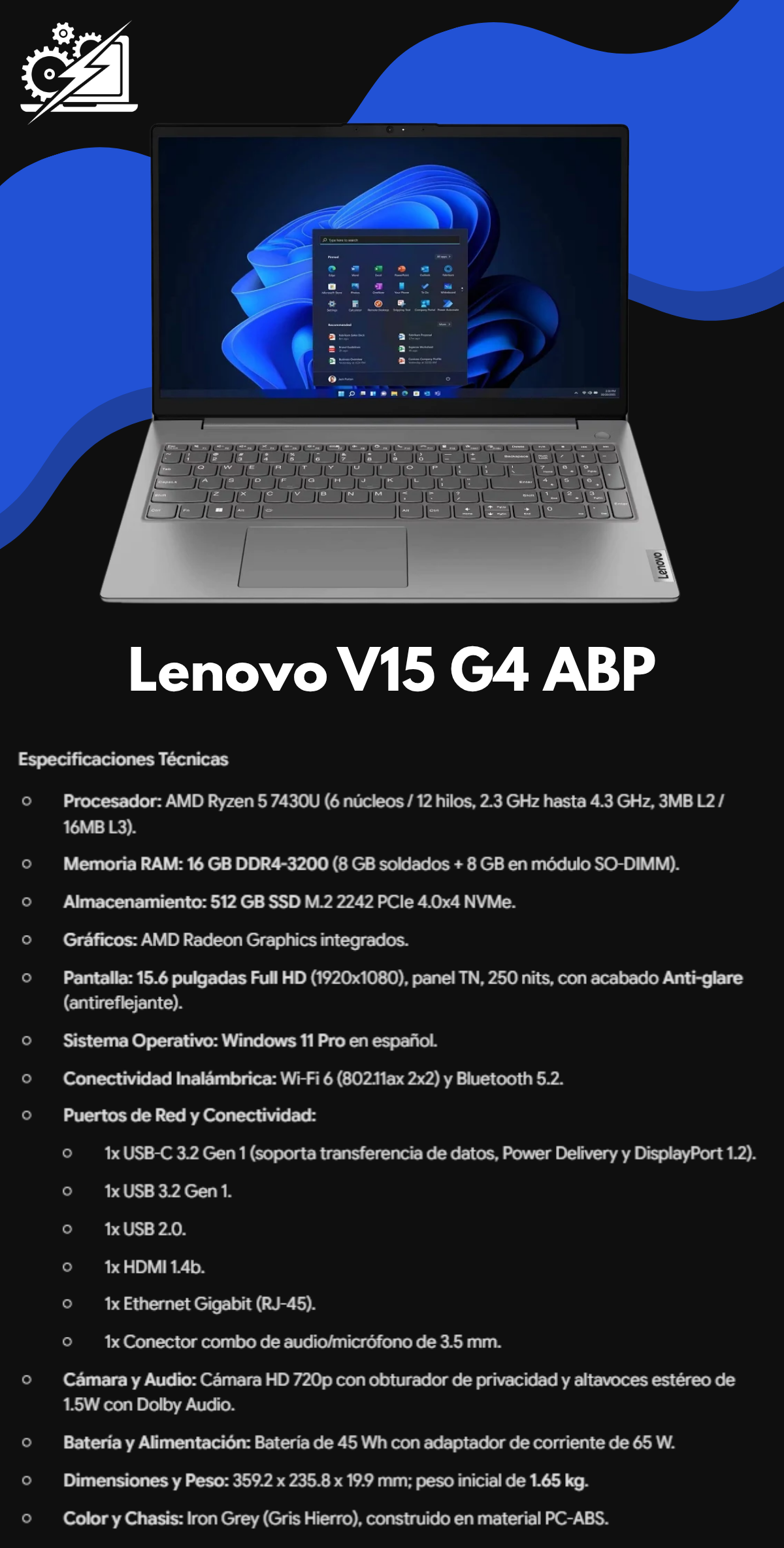 Laptop Lenovo V15 G4 ABP - 15.6" FHD · AMD Ryzen 5 7430U · 16GB RAM · SSD 512GB · Windows 11 Pro