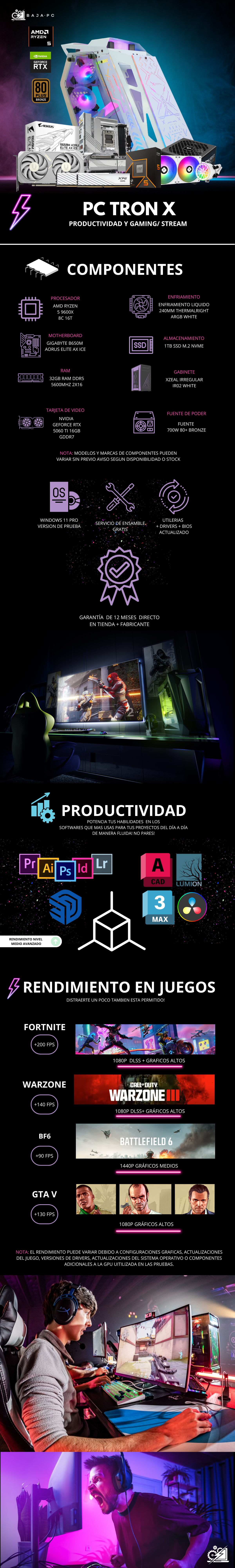 PC TRON X / AMD RYZEN 5 9600X / RTX 5060 TI / 32GB RAM DDR5/ 1TB SSD NVME / ENFRIAMIENTO LIQUIDO / B650M / 700W 80+ BRONZE / W11 PRO / PROMOCION