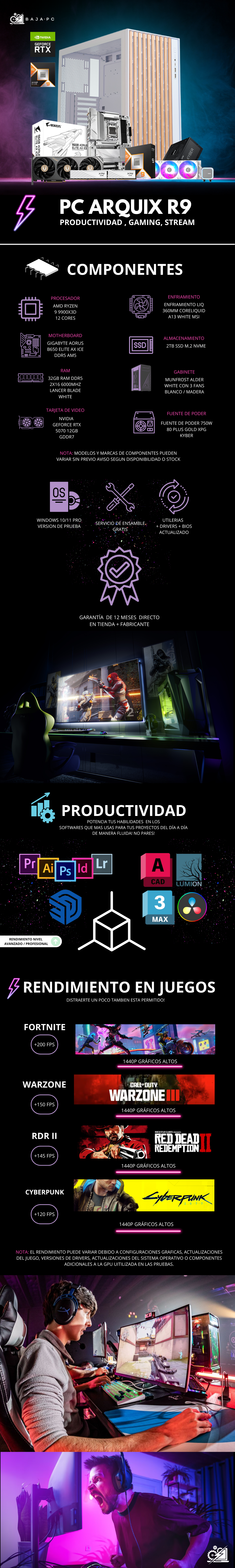 PC ARQUIX R9 / AMD RYZEN 9 9900X3D / RTX 5070 / 32GB RAM DDR5 / 2TB SSD M.2 NVME / FUENTE 750W 80+ GOLD / ENFRIAMIENTO LIQ 360MM / PROMOCION