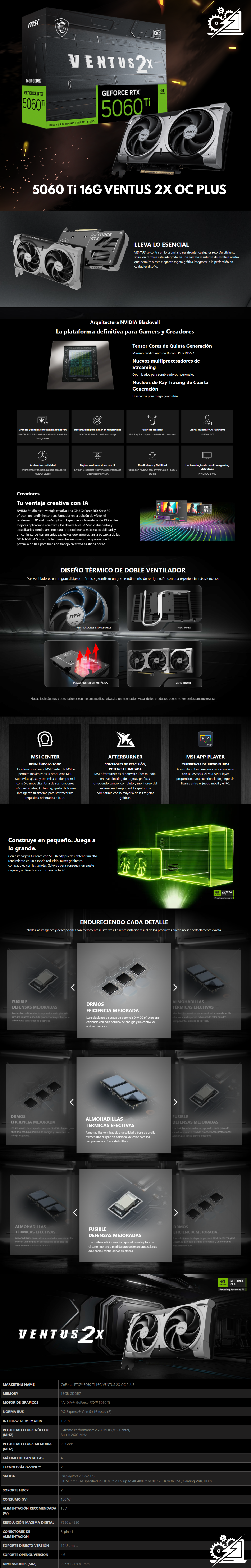 Tarjeta de Video NVIDIA GeForce RTX 5060 Ti VENTUS 2X OC PLUS / 8GB / 128-bit GDDR7 / PCI Express Gen 5 / 912-V536-024