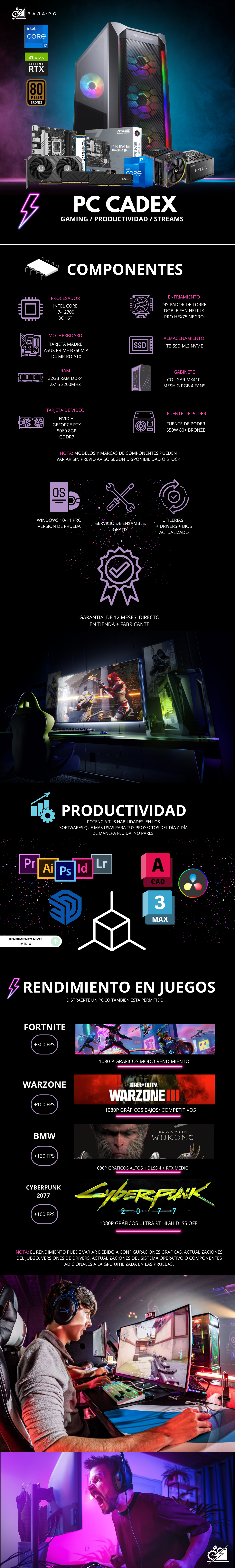 PC CADEX / INTEL CORE I7-12700 / RTX 5050 / 32GB RAM / 1TB SSD NVME / DISIPADOR DE TORRE DOBLE FAN / B760M / FUENTE 650W 80+ BRONZE / W11 PRO / PROMOCION