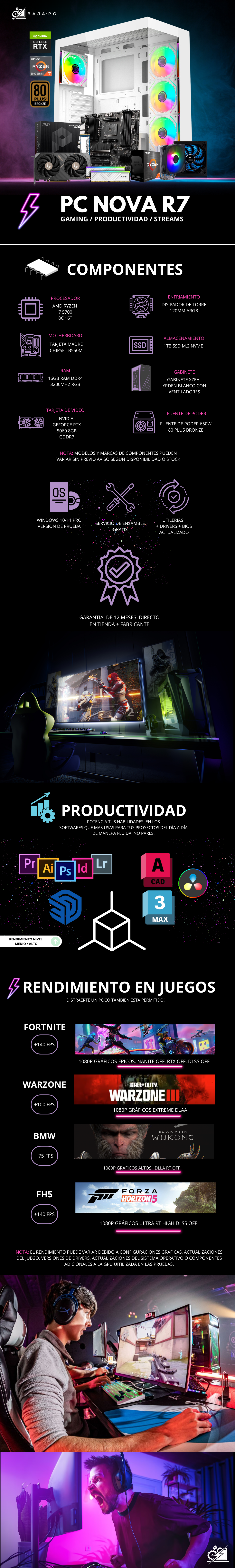 PC NOVA R7 / AMD RYZEN 7 5700 / RTX 5060 / 16GB RAM / 1TB SSD M.2 NVME / DISIPADOR DE TORRE / FUENTE 650W 80+ BRONZE / PROMOCION
