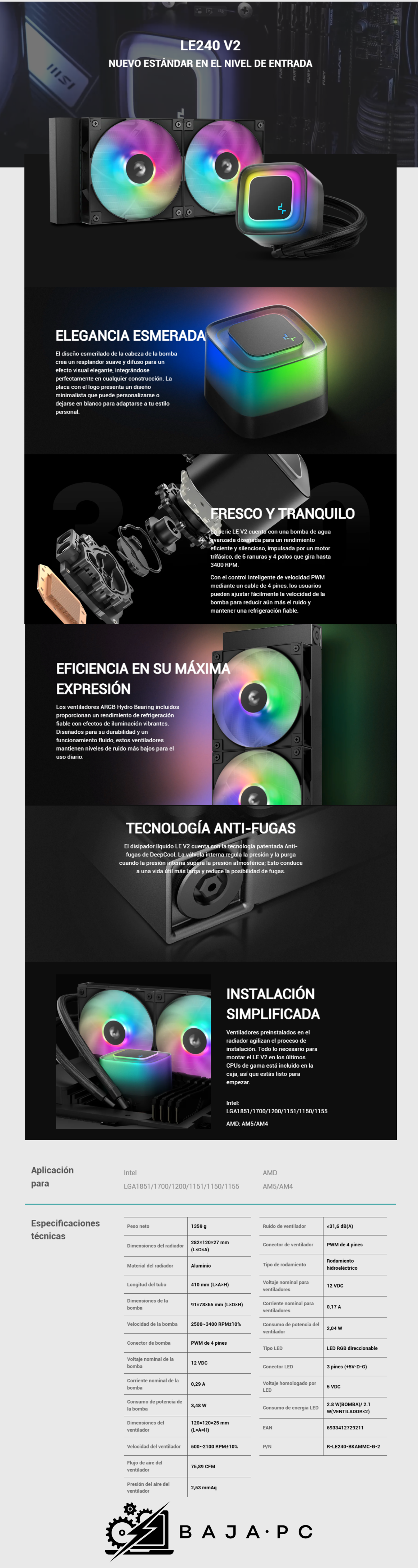 Enfriamiento Líquido DeepCool LE240 V2 / 2x120mm / 500-2100RPM / Negro / R-LE240-BKAMMC-G-2