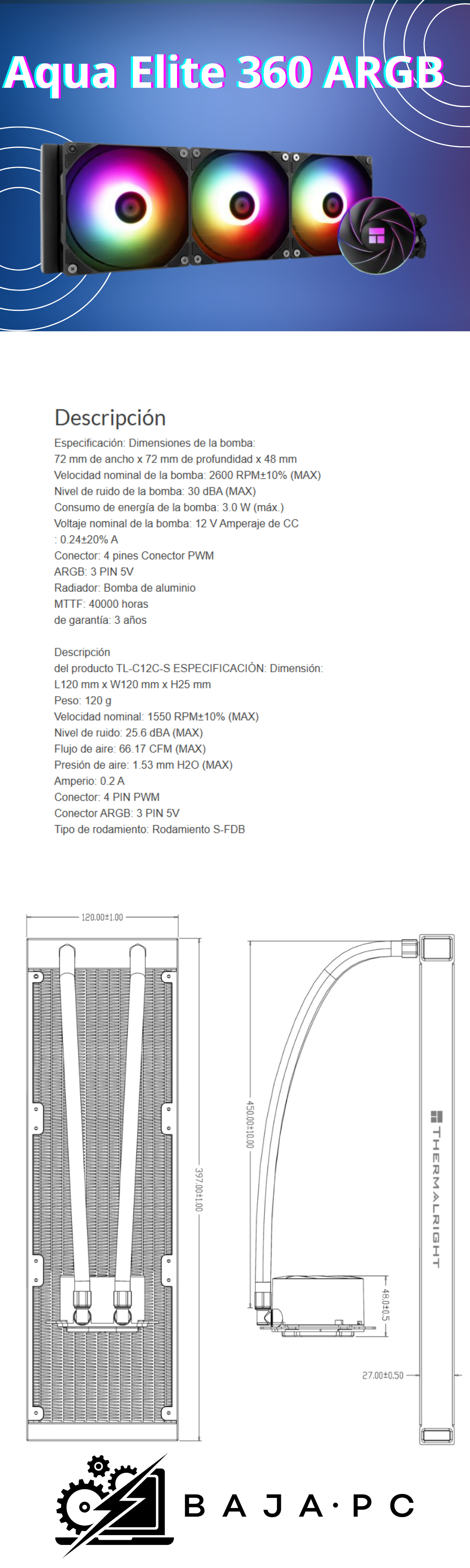 Enfriamiento liquido Thermalright Aqua Elite 360 Black ARGB/ Negro / 360mm / AMD / Intel