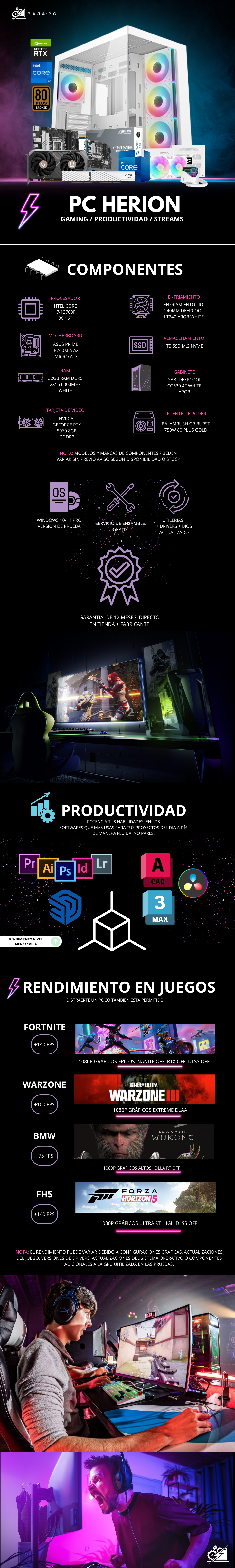 PC HERION / INTEL CORE I7-13700F / RTX 5060 / 32GB RAM DDR5 / 1TB SSD NVME / ENFRIAMIENTO LIQ 240MM / FUENTE 750W 80+ GOLD /  PROMOCION