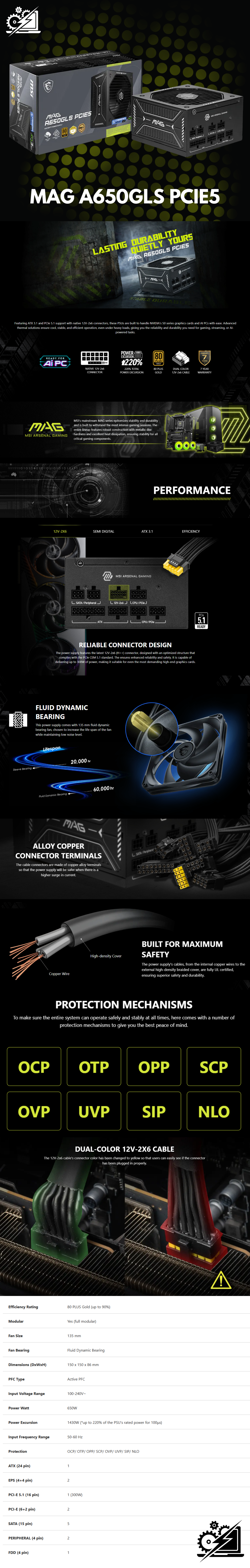 MSI mag A650GLS PCIE5 Fuente de alimentación, 650 W, 80 Plus Gold, ATX 3.1, Soporte GPU PCIe 5.1, Nativo 12V-2x6, Conector Bicolor, 12V-2x6, ATX PSU, Cable Modular