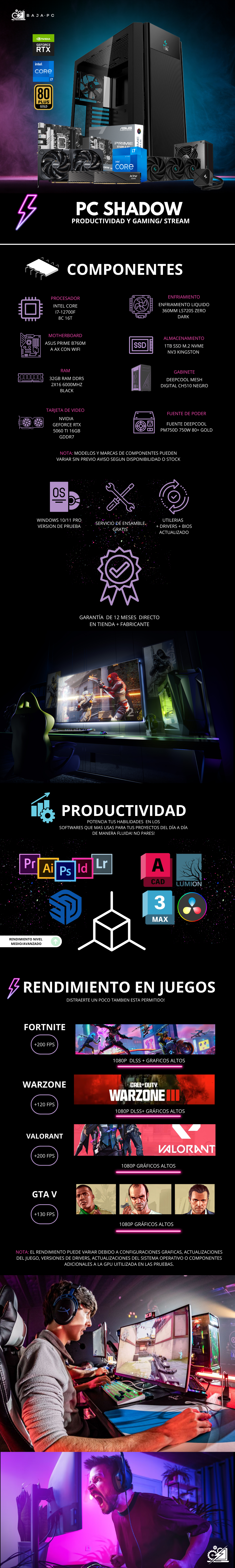 INTEL PC SHADOW / INTEL CORE I7-12700F / RTX 5060 TI 16GB / 32GB RAM DDR5 / 1TB SSD M.2 NVME / ENFRIAMIENTO LIQ 360MM / FUENTE DE PODER 750W 80+ GOLD / PROMOCION