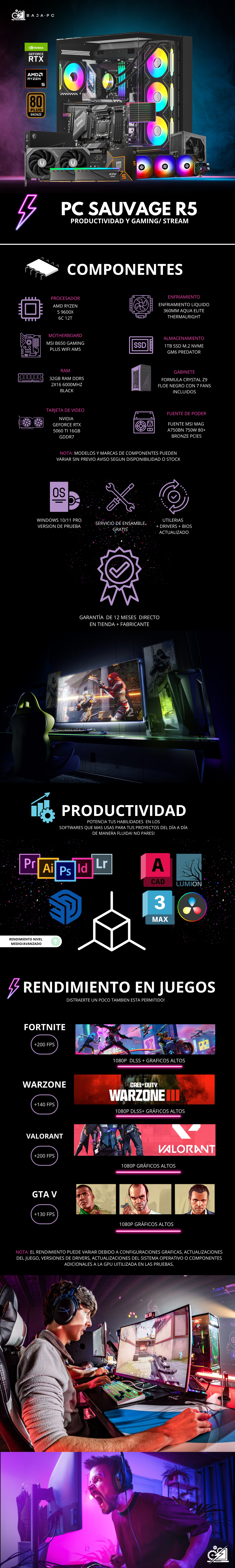 AMD PC SAUVAGE R5 / AMD RYZEN 5 9600X / RTX 5060 TI 16GB VRAM / 32GB RAM DDR5 / 1TB SSD NVME / ENFRIAMIENTO LIQ 360MM / FUENTE 750W 80+ BRONZE PCIE5 / W11 PRO