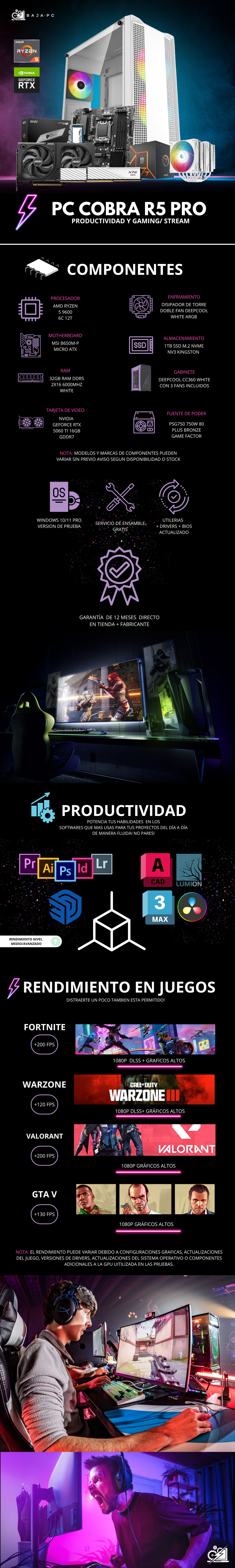 PC COBRA R5 PRO / AMD RYZEN 5 9600 / RTX 5060 TI 16GB / 32GB RAM DDR5 / 1TB SSD M.2 NVME / DISIPADOR DE TORRE DOBLE FAN / FUENTE 750W 80+ BRONZE / PROMOCION