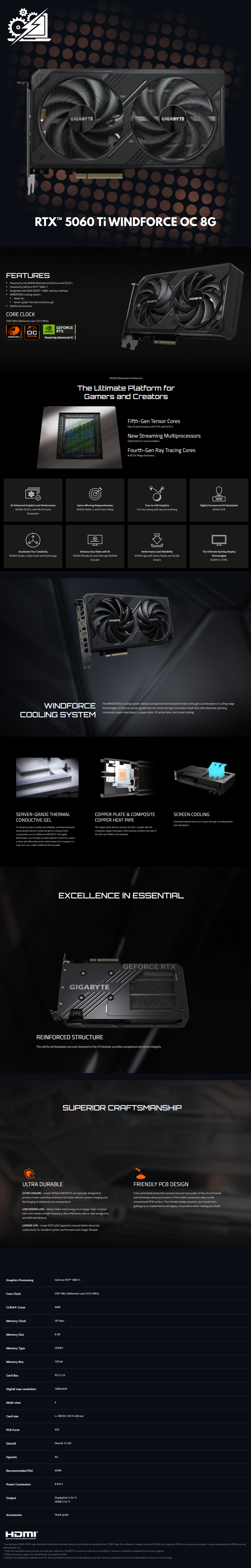 Tarjeta de Video Gigabyte NVIDIA GeForce RTX 5060 Ti WINDFORCE OC Edition / 8GB / 128-bit GDDR7 / PCI Express x8
