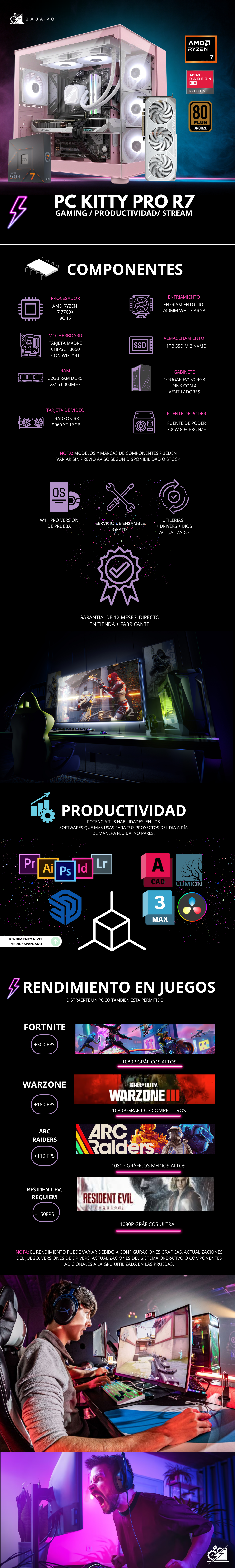 PC KITTY PRO R7 / AMD RYZEN 7 7700X / RADEON RX 9060 XT 16GB / 32GB RAM DDR5 / 1TB SSD NVME / ENFRIAMIENTO LIQ 240MM / FUENTE 700W 80+ BRONZE / B650 / WIFI Y BT / W11 PRO / PROMOCION