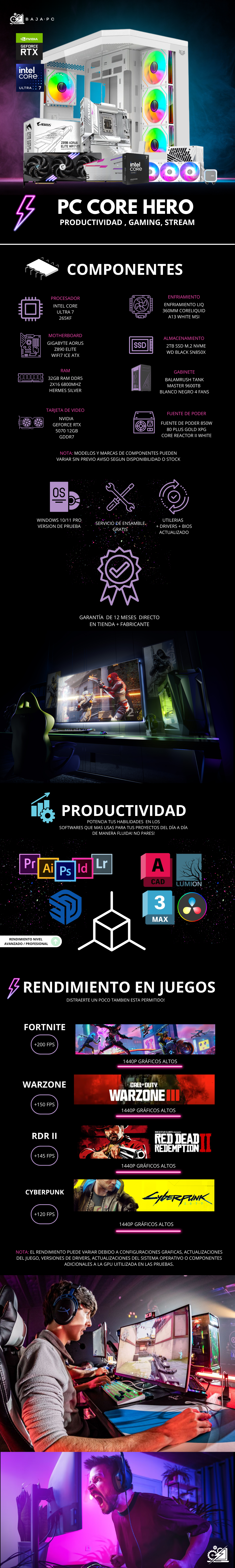 PC CORE HERO / INTEL CORE ULTRA 7 265KF / RTX 5070 / 32GB RAM DDR5 / 2TB SSD M.2 NVME / ENFRIAMIENTO LIQ 360MM / FUENTE 850W 80+ GOLD / PROMOCION