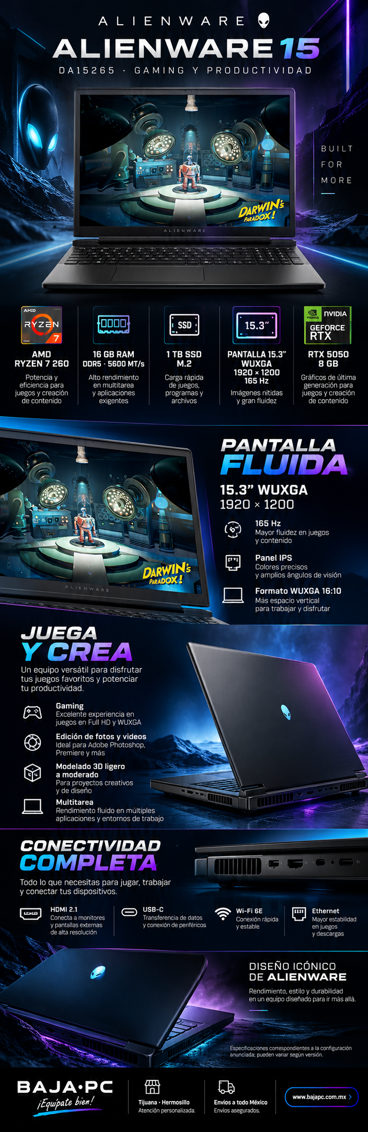 Laptop Gamer Alienware 15 DA15265/ AMD Ryzen 7 260 /NVIDIA GeForce RTX 5050 / 16GB RAM/ 1TB SSD / Windows 11 Home / 15.3" 1920x1200 WUXGA / EQUIPO OUTLET DE EXHIBICION