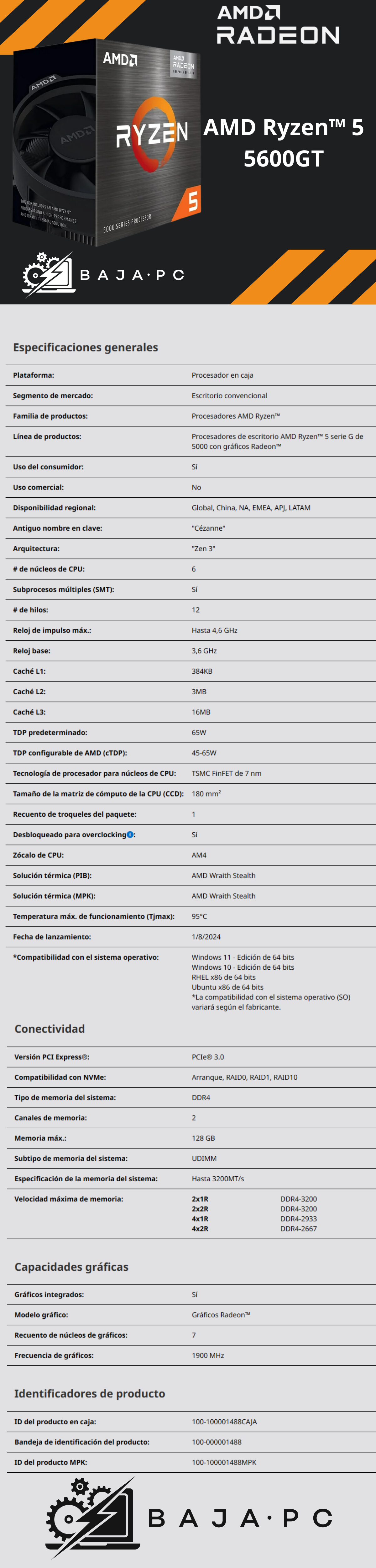 Procesador AMD RYZEN 5 5600GT / 4.6 GHZ / 6 Núcleos / Socket AM4 / Radeon™ Graphics / 5000 Series / 100-100001488BOX