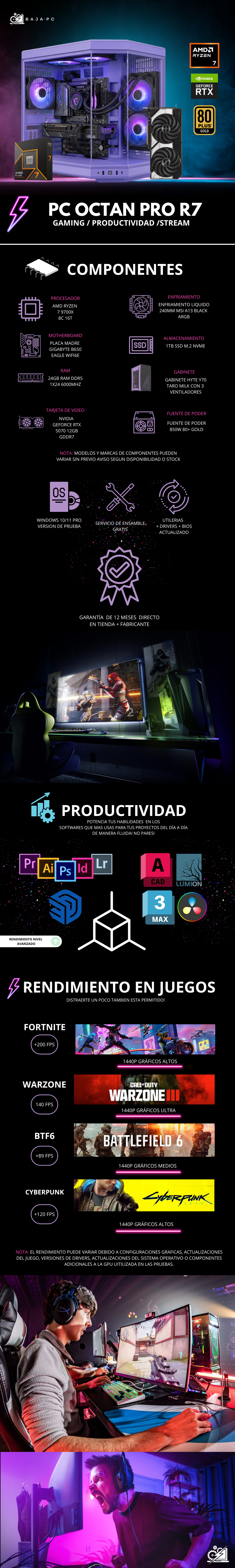 PC RAVEN PRO / AMD RYZEN 7 9700X / RTX 5070  / 24GB RAM DDR5 / 1TB SSD NVME / B650 / ENFRIAMIENTO LIQUIDO 240MM / FUENTE 850W 80+ GOLD / W11 PRO / PROMOCION