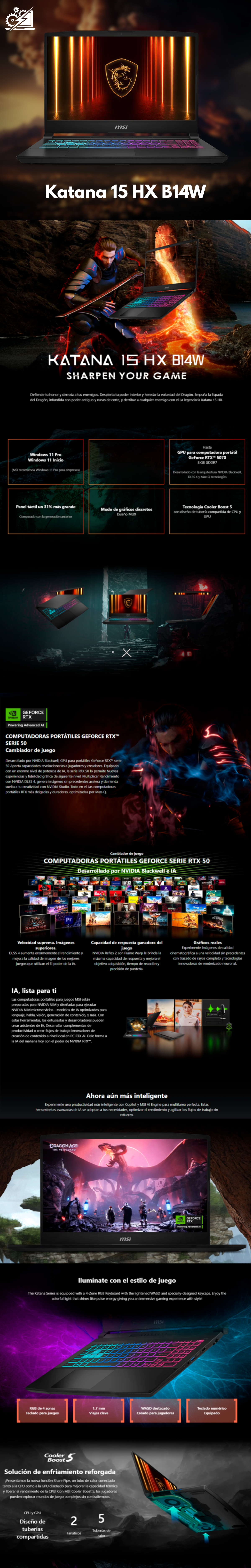 Laptop Gamer MSI Katana 15 HX / 15.6 / 165Hz / Intel Core i7-14650HX / NVIDIA Geforce RTX 5070 / 16GB DDR5 / 1TB NVMe SSD / Teclado RGB