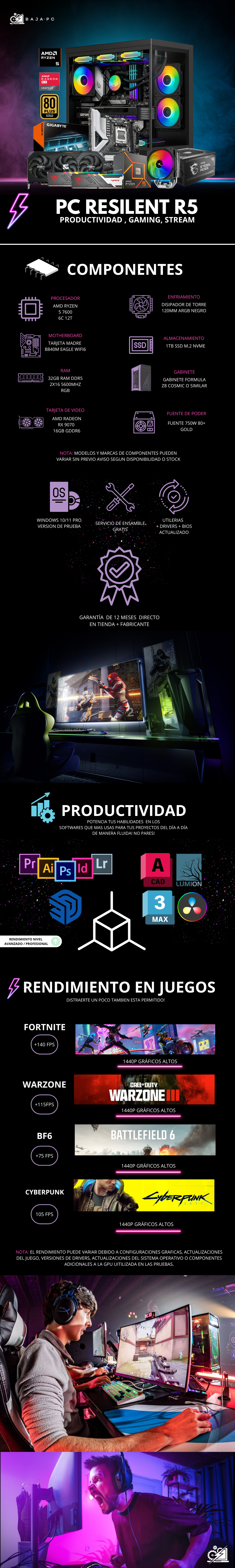 PC RESILENT R5 / AMD RYZEN 5 7600 / RADEON RX 9070 16G / 32GB RAM DDR5 / 1TB SSD NVME / DISIPADOR DE TORRE ARGB / FUENTE 750W 80+ GOLD / W11 PRO / PROMOCION