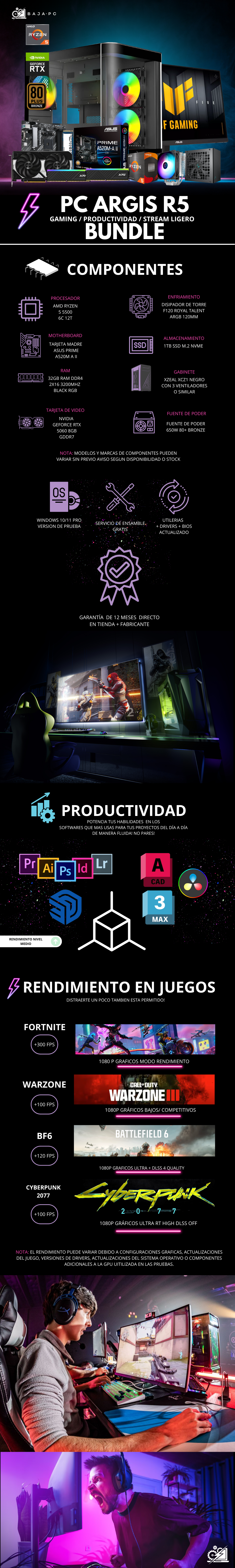 PC ARGIS R5 BUNDLE/ AMD RYZEN 5 5500 / RTX 5060 / 32GB RAM / 1TB SSD NVME / DISIPADOR DE TORRE ARGB / FUENTE 650W 80+ BRONZE / INCLUYE MONITOR ASUS 200HZ FHD 23.8"/ W11 PRO / PROMOCION