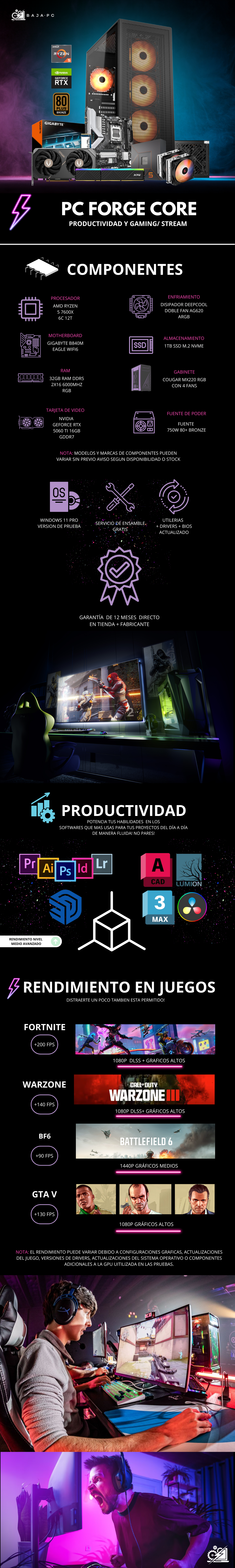 PC FORGE CORE / AMD RYZEN 5 7600X / RTX 5060 TI 16G / 32GBR AM / 1TB SSD NVME / DISIPADOR DE TORRE DOBLE FAN / FUENTE 750W 80+ BRONZE / W11 PRO / PROMOCION