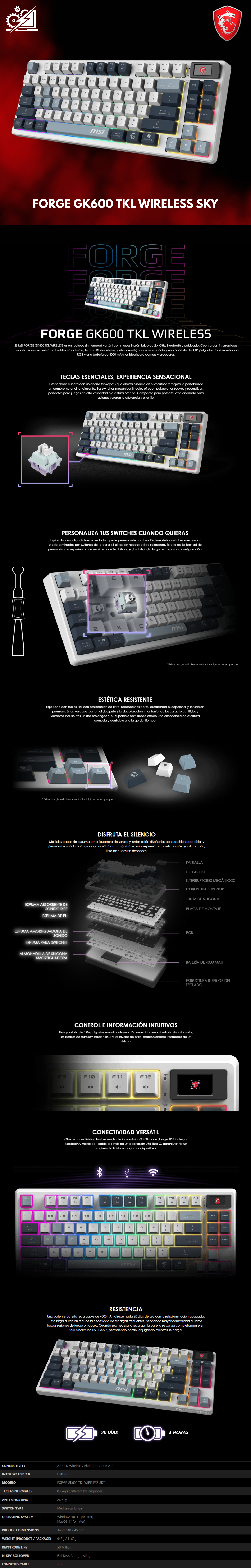 Teclado Gamer MSI Forge GK600 TKL Wireless Sky / Inalámbrico / Switch Mechanical Linear / Dye-Sublimated PBT Keycaps / RGB LED / USB 2.0 / Bluetooth 2.4 GHz / Sky