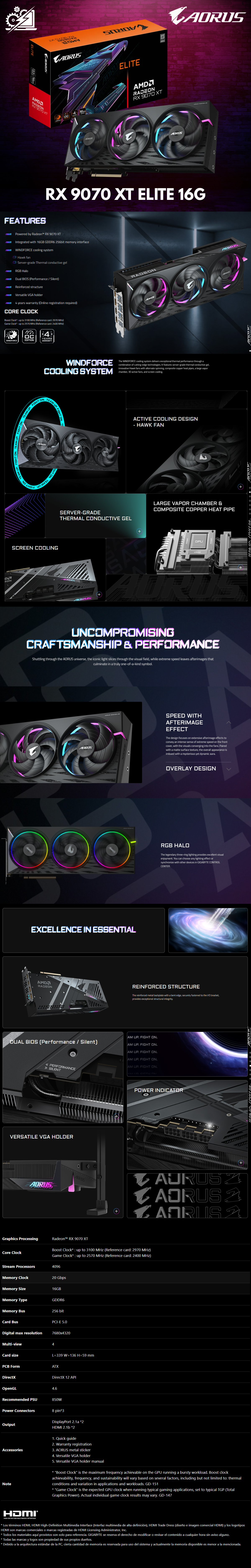 Tarjeta de Video GIGABYTE AORUS ELITE RX 9070 XT / AMD Radeon / 16GB / 256-bit GDDR6 / PCI Express 5.0 / GV-R9070XTAORUS E-16GD
