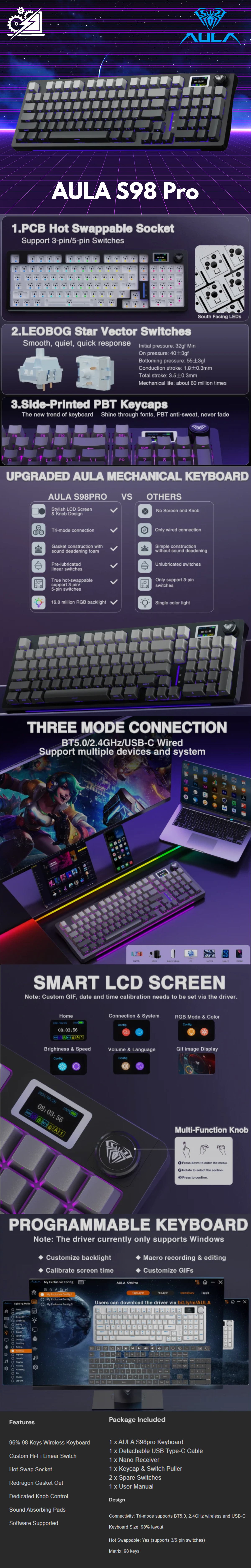 AULA S98 Pro Teclado Mecánico Inalámbrico con Pantalla y Perilla, 2.4GHz/USB-C/BT5.0 Teclado Cremoso Intercambiable en Caliente, Interruptores Lineales Prelubricados, Teclas PBT Impresas Laterales