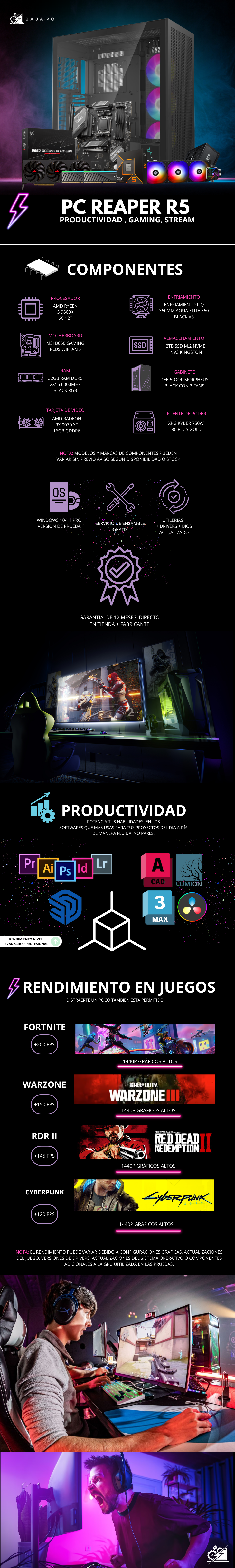 PC REAPER R5 / AMD RYZEN 5 9600X / RADEON RX 9070 XT / 32GB RAM DDR5 / 2TB SSD NVME / ENFRIAMIENTO LIQ 360MM / FUENTE 750W 80+ GOLD / PROMOCION