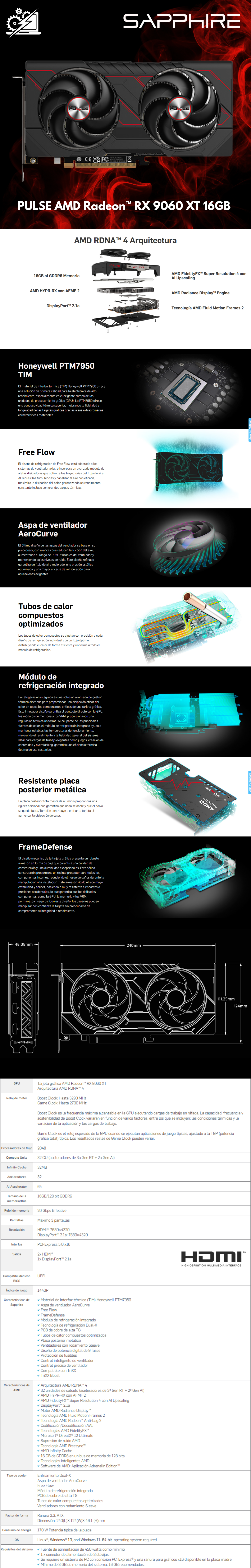 Tarjeta de Video SAPPHIRE PULSE RX 9060 XT / 16GB GDDR6 / 128-bit / DisplayPort / HDMI / 11350-03-20G