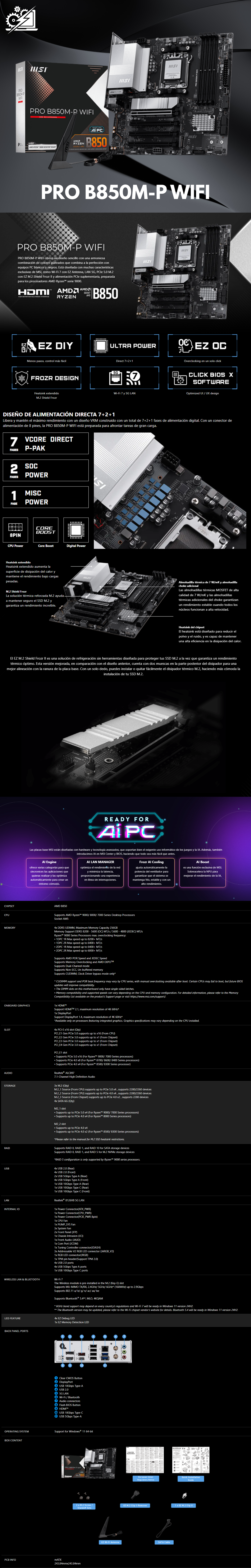Tarjeta Madre MSI PRO B850M-P WIFI, ATX, Socket AM5, AMD B850, 256GB DDR5, HDMI para AMD
