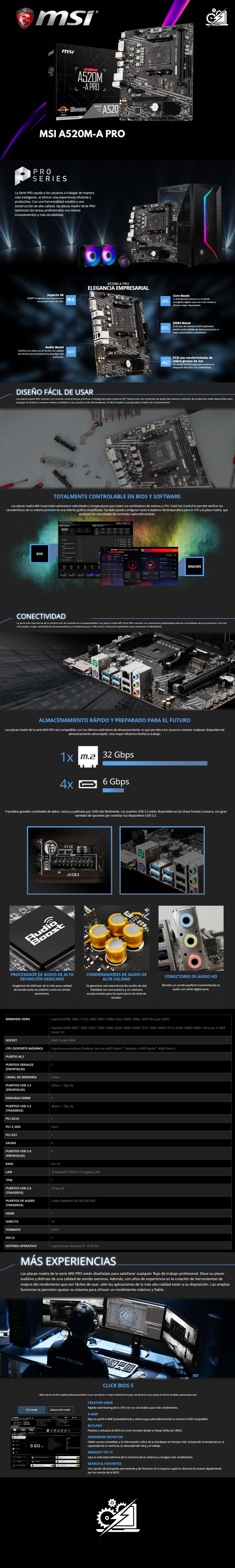 Tarjeta Madre MSI A520M-A PRO / AM4 / AMD RYZEN 3000 SERIES / Micro-ATX / RYZEN 5000 READY