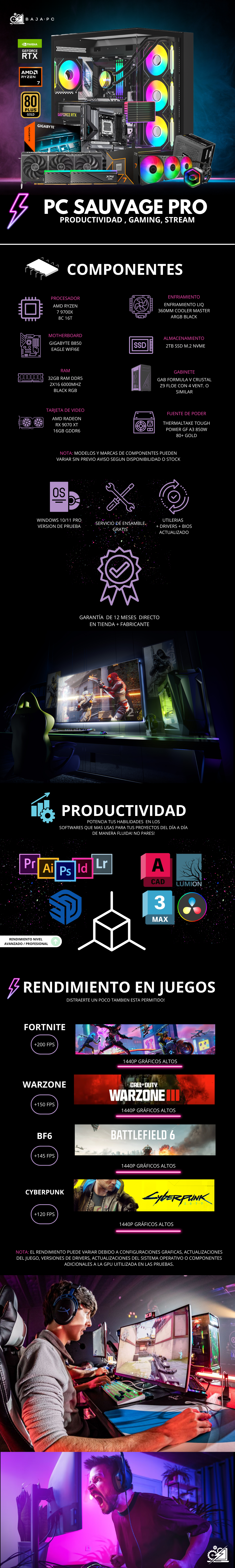 PC SAUVAGE PRO / AMD RYZEN 7 9700X / RADEON RX 9070 XT / 32GB RAM DDR5 / 2TB SSD NVME / ENFRIAMIENTO LIQ 360MM / FUENTE 850W 80+ GOLD / W11 PRO / PROMOCION