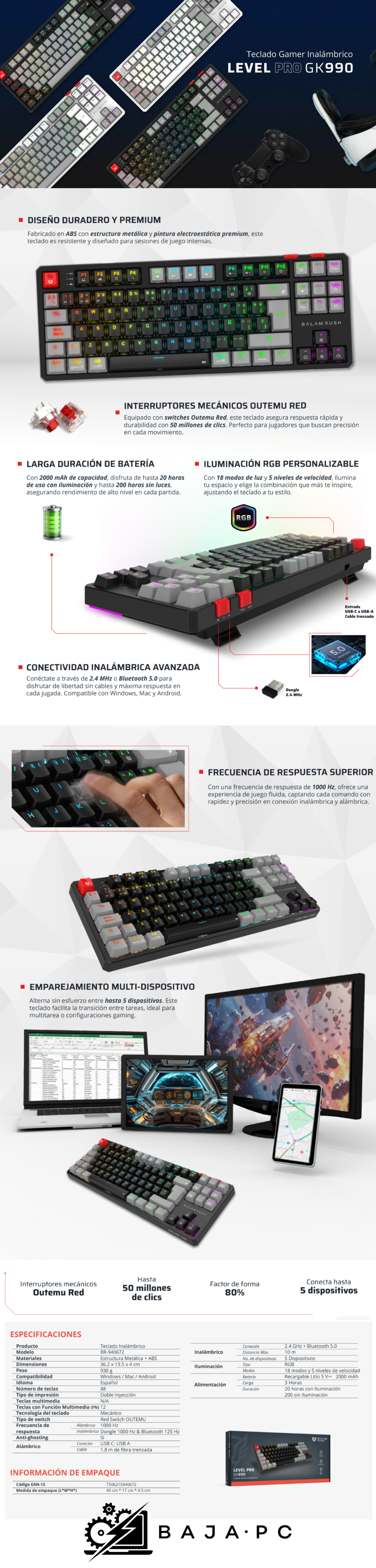 Teclado Gamer Inalámbrico LEVEL PRO GK990 Balam Rush Legend Series/ Color Blanco/Gris / BR-940375/ Switch Outemu Red
