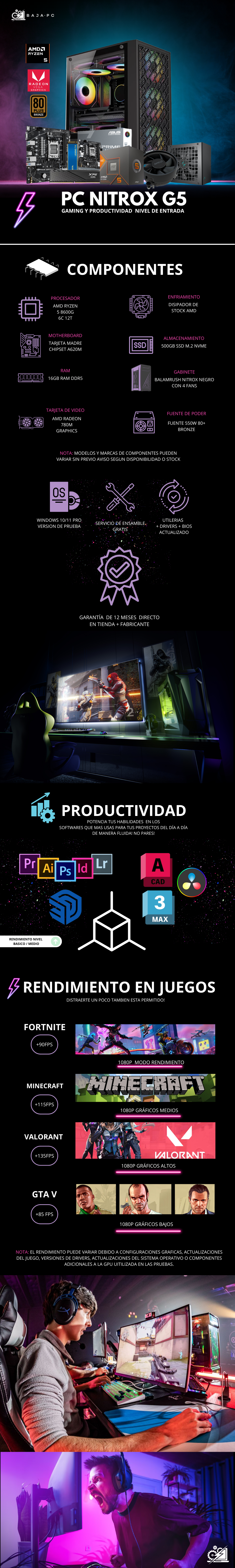 PC NITROX G5 / AMD RYZEN 5 8600G / RADEON 760M GRAPHICS / 16GB RAM DDR5 / 500GB SSD NVME / A620M / FUENTE 550W 80+ BRONZE / W11 PRO / PROMOCION