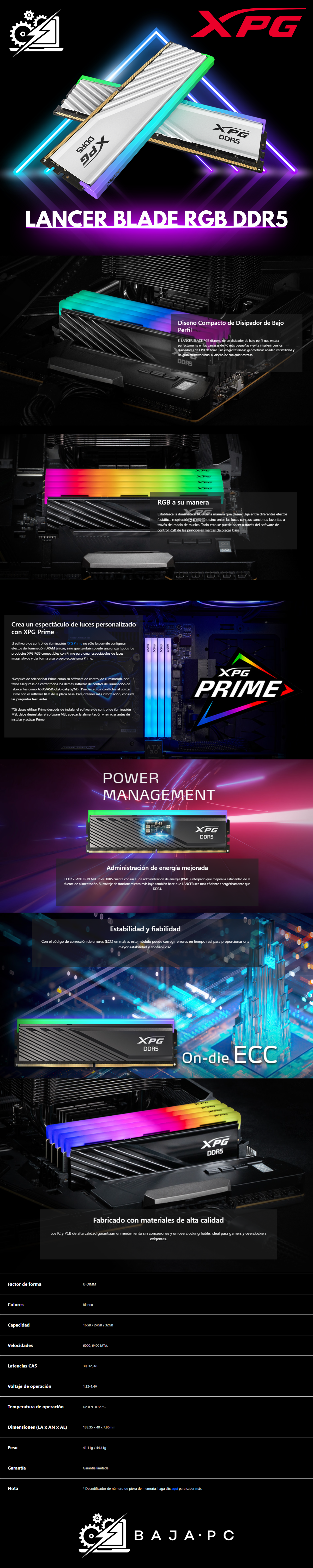 Memoria RAM XPG Lancer Blade RGB DDR5 / 6000MHz / 16GB / Non-ECC / CL48 / XMP / Blanca / AX5U6000C4816G-SLABRWH
