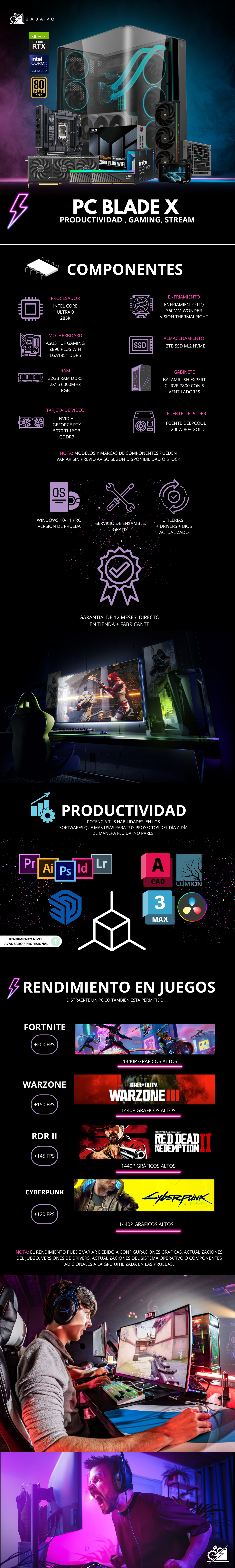 PC BLADE X / INTEL CORE ULTRA 9 285K / RTX 5070 TI / 32GB RAM DDR5 / 2TB SSD NVME / ENFRIAMIENTO LIQ 360MM CON PANTALLA/ FUENTE 1200W 80+ GOLD / W11 PRO / PROMOCION