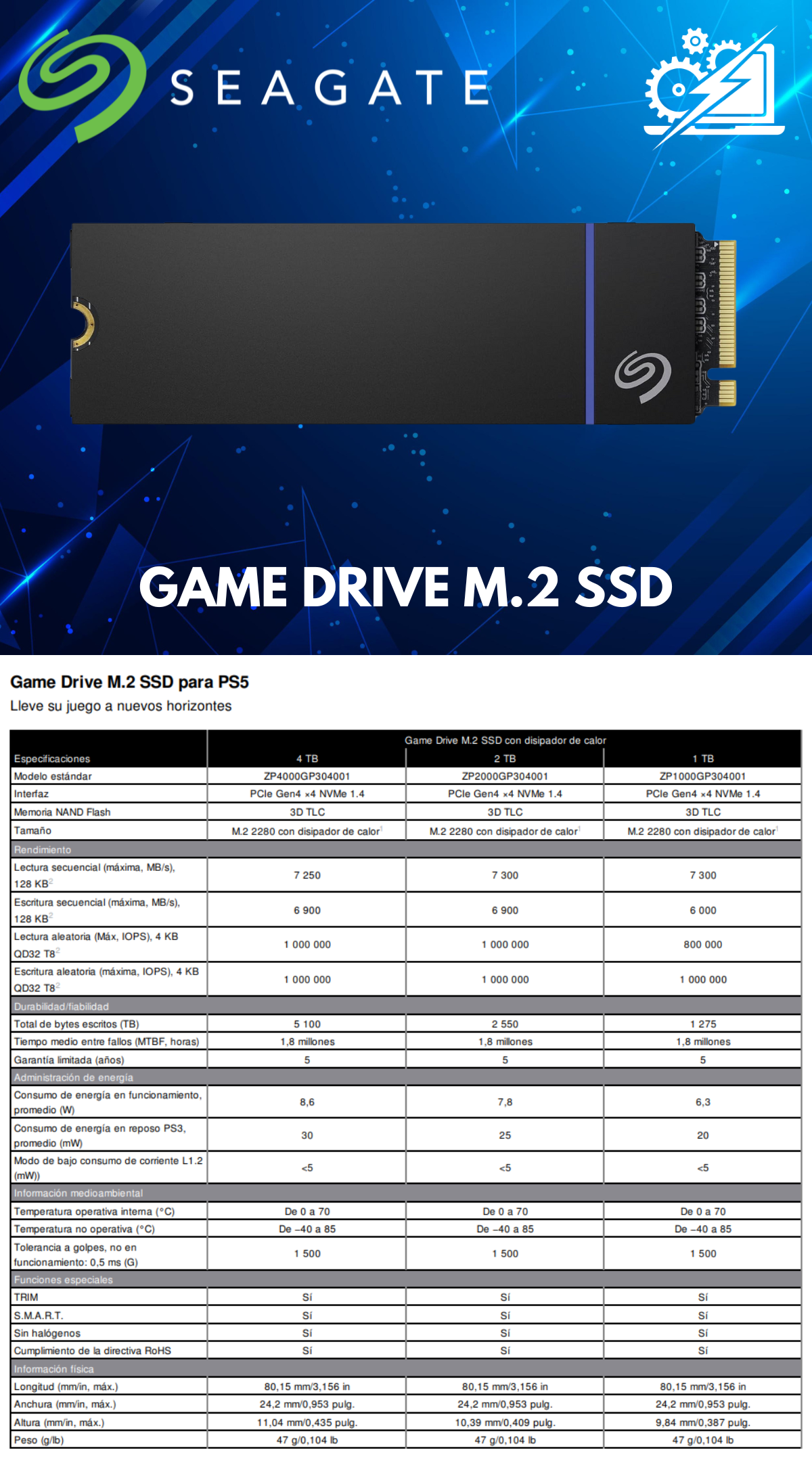 Unidad de Estado Solido para PS5 Seagate / 1TB / PCIe Gen4 NVME / con disipador