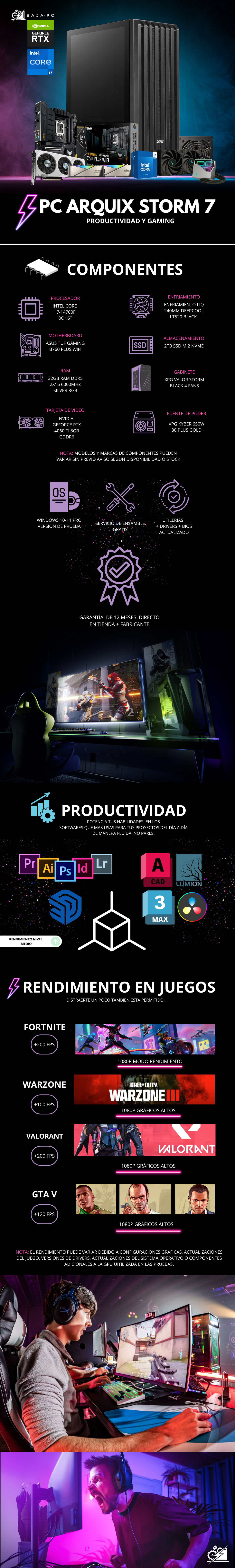 PC ARQUIX STORM 7/ INTEL CORE I7-14700F / RTX 4060 TI / 32GB RAM DDR5 / 2TB SSD NVME / ENFRIAMIENTO LIQ 240MM / FUENTE 650W 80+ GOLD / PROMOCION