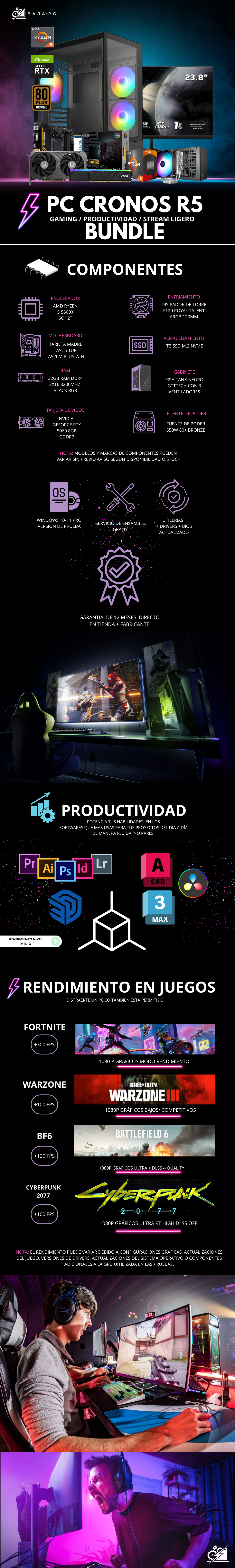 PC CRONOS R5 BUNDLE / AMD RYZEN 5 5600X / RTX 5060 / 32GB RAM / 1TB SSD NVME / DISIPADOR DE TORRE ARGB / FUENTE 650W 80+ BRONZE/ MONITOR 23.8" FHD 180HZ 1MS / W11 PRO / PROMOCION
