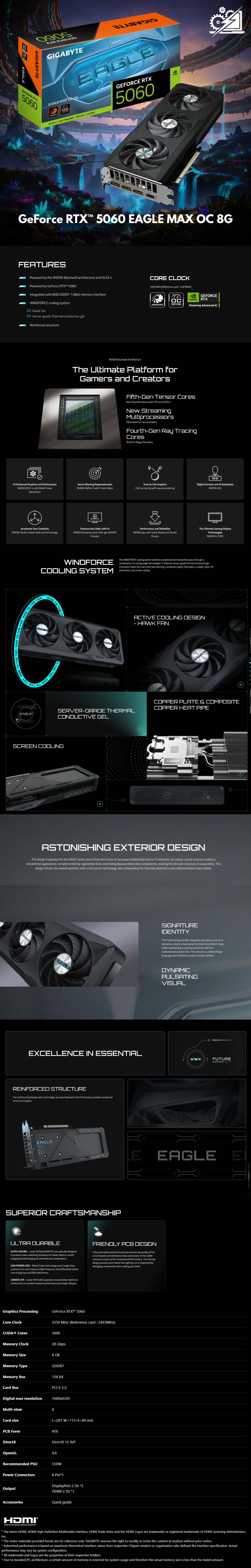 GIGABYTE GeForce RTX 5060 Eagle MAX OC 8G Tarjeta gráfica - 8GB GDDR7, 128bit, PCI-E 5.0, 2550 MHz Core Clock, 3 x DisplayPort, 1 x HDMI, NVIDIA DLSS 4, GV-N5060EAGLEMAX OC-8GD 1.0
