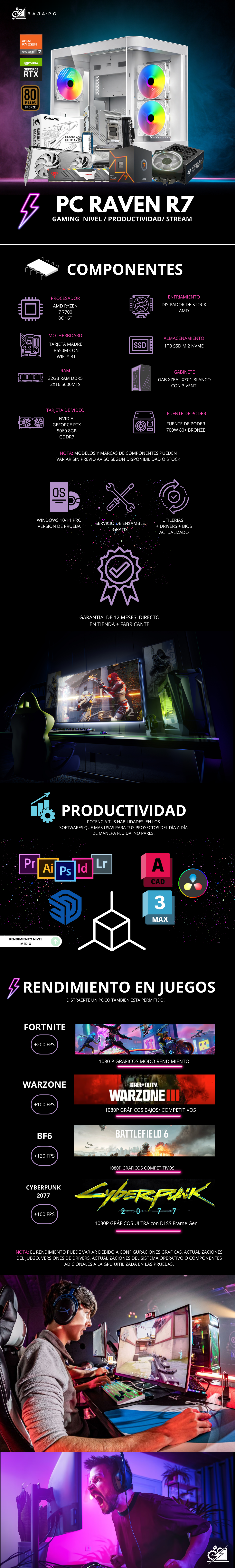 PC RAVEN R7 / AMD RYZEN 7 7700/ RTX 5060 / 32GB RAM DDR5 / 1TB SSD NVME / DISIPADOR DE TORRE ARGB / FUENTE 700W 80+ BRONZE / B650M / W11 PRO / PROMOCION