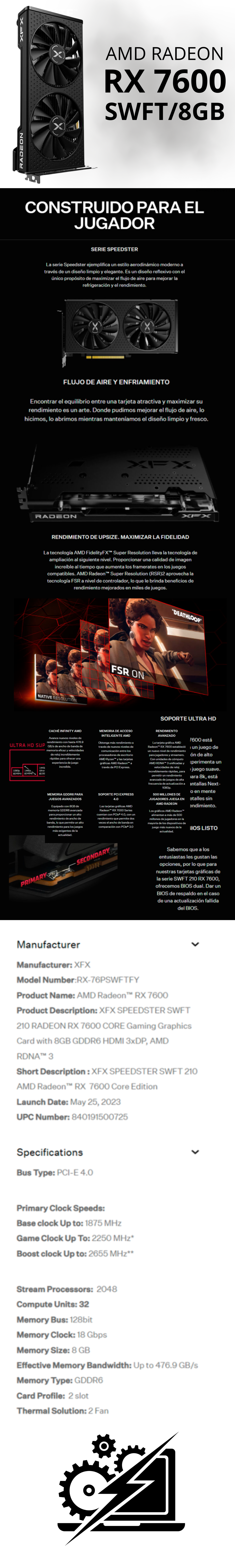 Tarjeta de Video XFX RX 7600 SWFT 210 Speedster SWFT 210 / AMD Radeon / 8GB 128-bit GDDR6 / PCI Express 4.0 / RX-76PSWFTFY