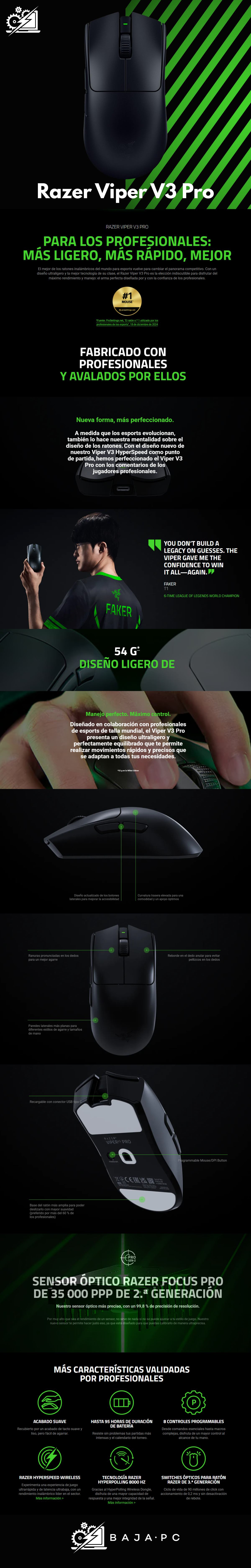 Razer Viper V3 Pro Mouse Inalámbrico para Esports: Simétrico - Peso 54g - Sondeo De 8K - Sensor Óptico De 35K dpi - Interruptores Ópticos Gen3-8 Botones Programables - Batería De 95 Horas - Negro