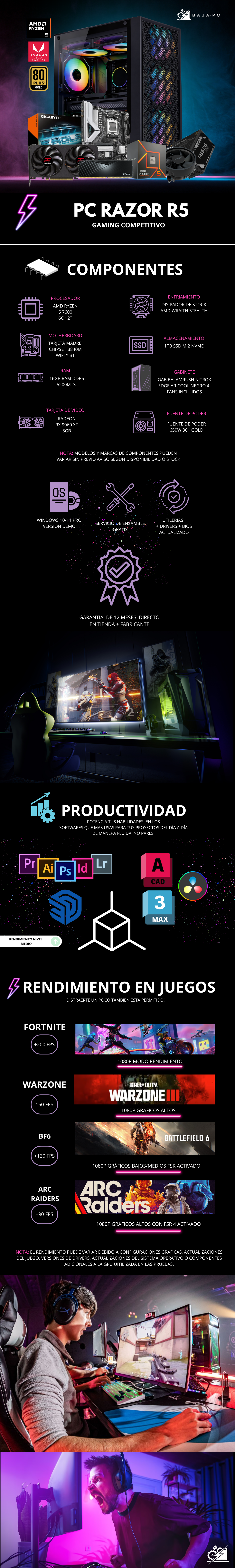 PC RAZOR R5/ AMD RYZEN 5 7600 / RADEON RX 9060 XT 8GB / 16GB RAM DDR5 / 1TB SSD NVME / FUENTE 650W 80+ BRONZE / W11 PRO / PROMOCION