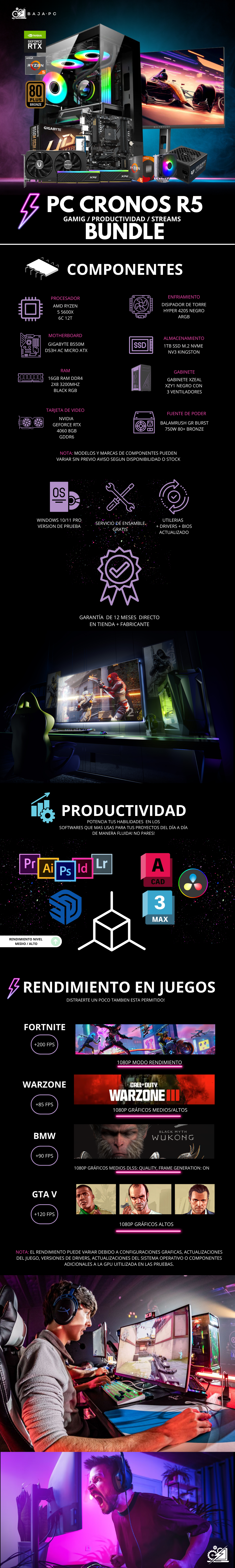 PC CRONOS R5 BUNDLE / AMD RYZEN 5 5600X / RTX 4060 / 16GB RAM / 1TB SSD M.2 NVME / DISIPADOR DE TORRE / FUENTE 750W 80+ BRONZE / INCLUYE MONITOR 23.8" 165HZ 1MS / PROMOCION