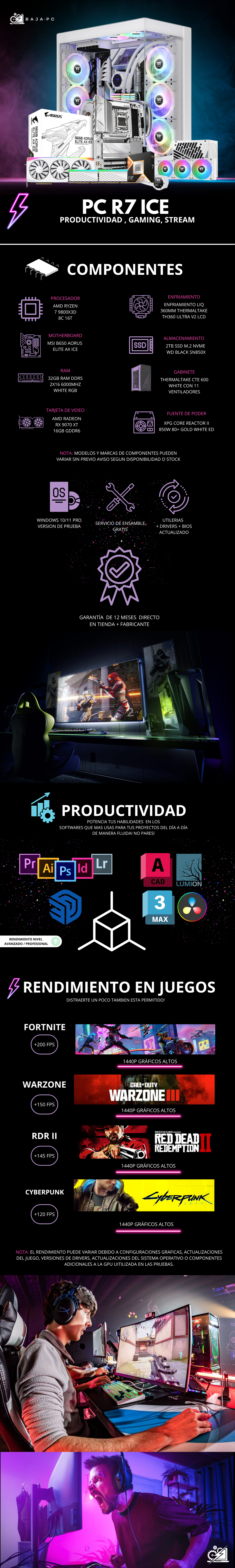 PC R7 ICE /  AMD RYZEN 7 9800X3D / RADEON RX 9070 XT / 32GB RAM DDR5 / 2TB SSD M.2 NVME / ENFRIAMIENTO LIQ 360MM / FUENTE 850W 80+ GOLD / PROMOCION
