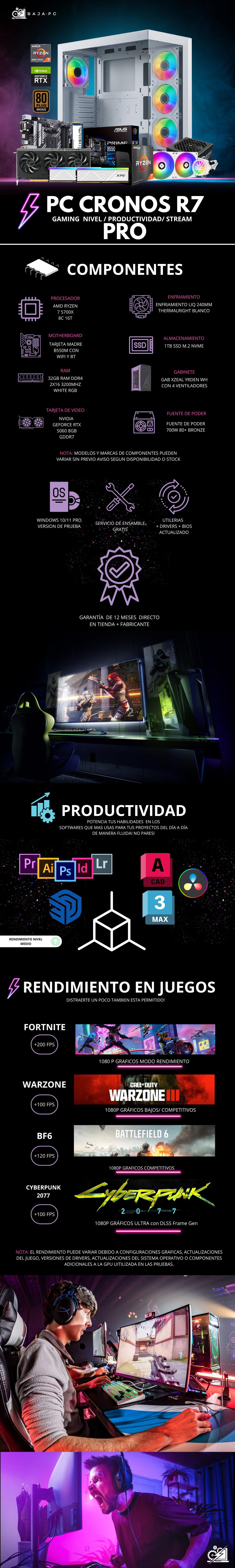 PC CRONOS R7 PRO / AMD RYZEN 7 5700X / RTX 5060 / 32GB RAM / 1TB SSD NVME / ENFRIAMIENTO LIQ 240MM / FUENTE 700W 80+ BRONZE / B550M AC/ W11 PRO / PROMOCION