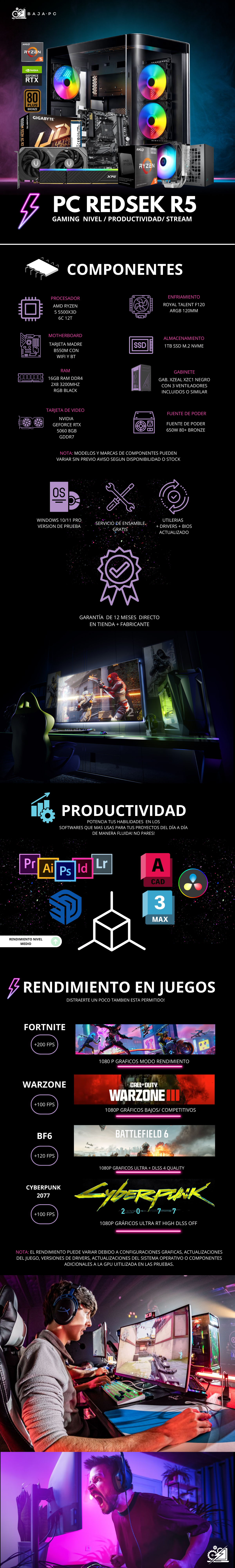 PC REDSEK R5 / AMD RYZEN 5 5500X3D / RTX 5060 / 16GB RAM / 1TB SSD NVME / DISIPADOR DE TORRE ARGB / FUENTE 650W 80+ BRONZE / WIFI / BLUETOOTH / W11 PRO / PROMOCION