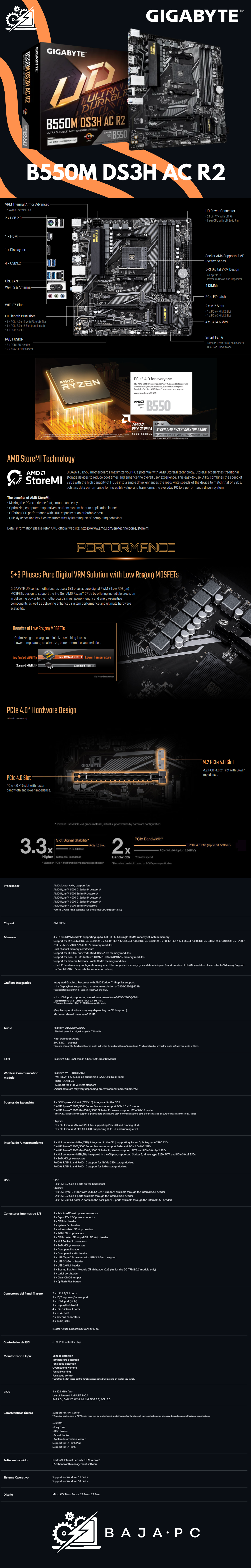Tarjeta Madre Gigabyte B550M DS3H AC R2 / Micro-ATX / AM4 / AMD B550 / Up to 128GB DDR4 / HDMI/DP / B550M DS3H AC R2
