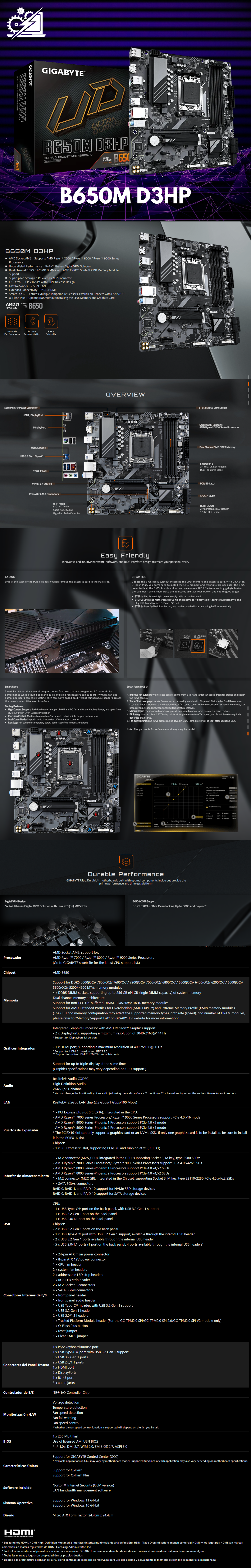 Tarjeta Madre Gigabyte B650M D3HP, Micro-ATX, Socket AM5, AMD B650, 192GB DDR5, HDMI/DP para AMD